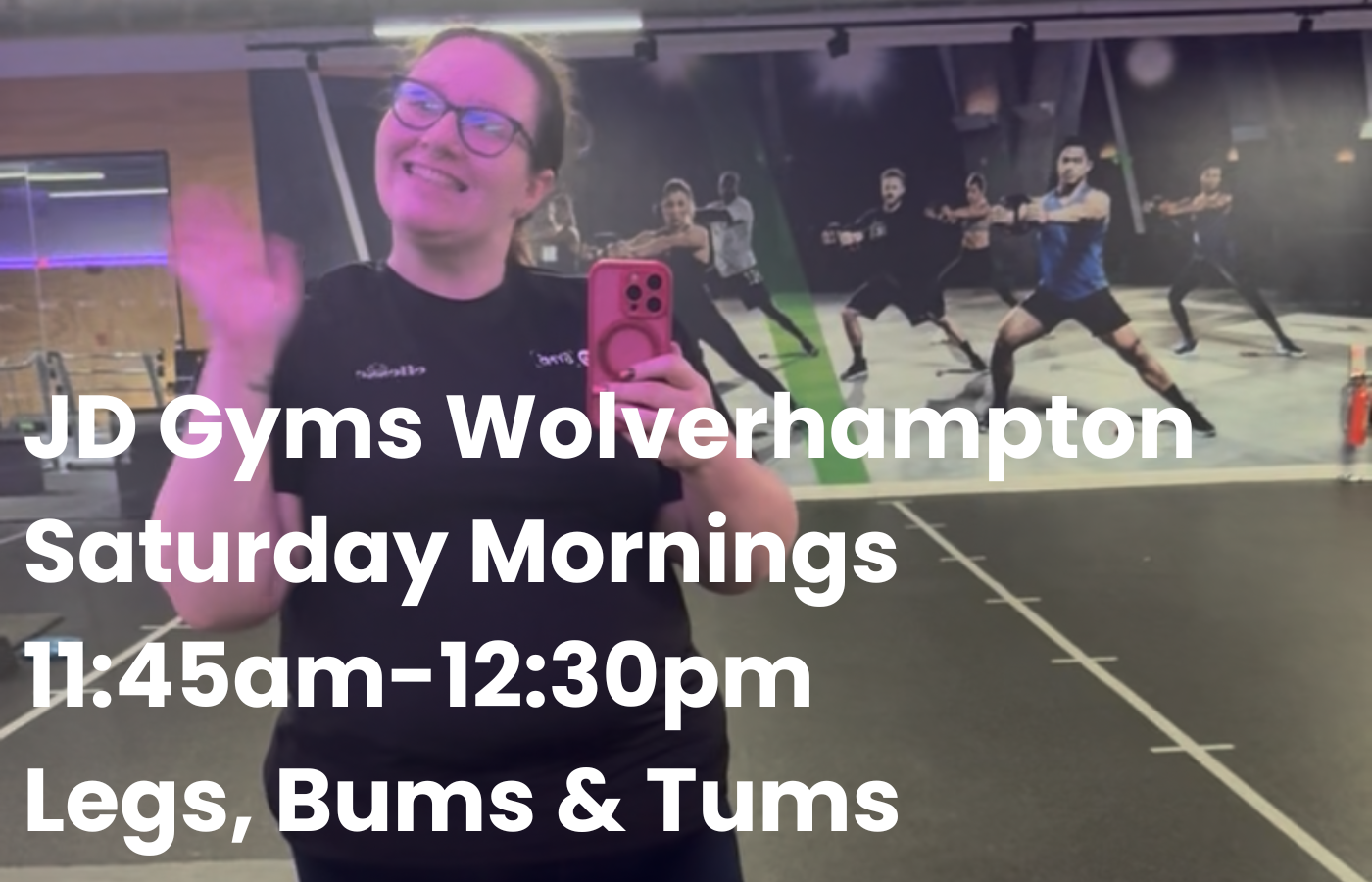 An image of Rhiannon Cooper of Not So Typical Fitness in the studio at JD Gyms in Wolverhampton on a Saturday morning for the legs, bums and tums group exercise class.
