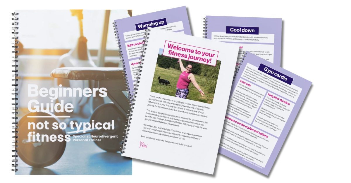 Free Beginner Gym  Guide showing spiral-bound guide and encouragement tracker for neurodivergent adults with gym anxiety