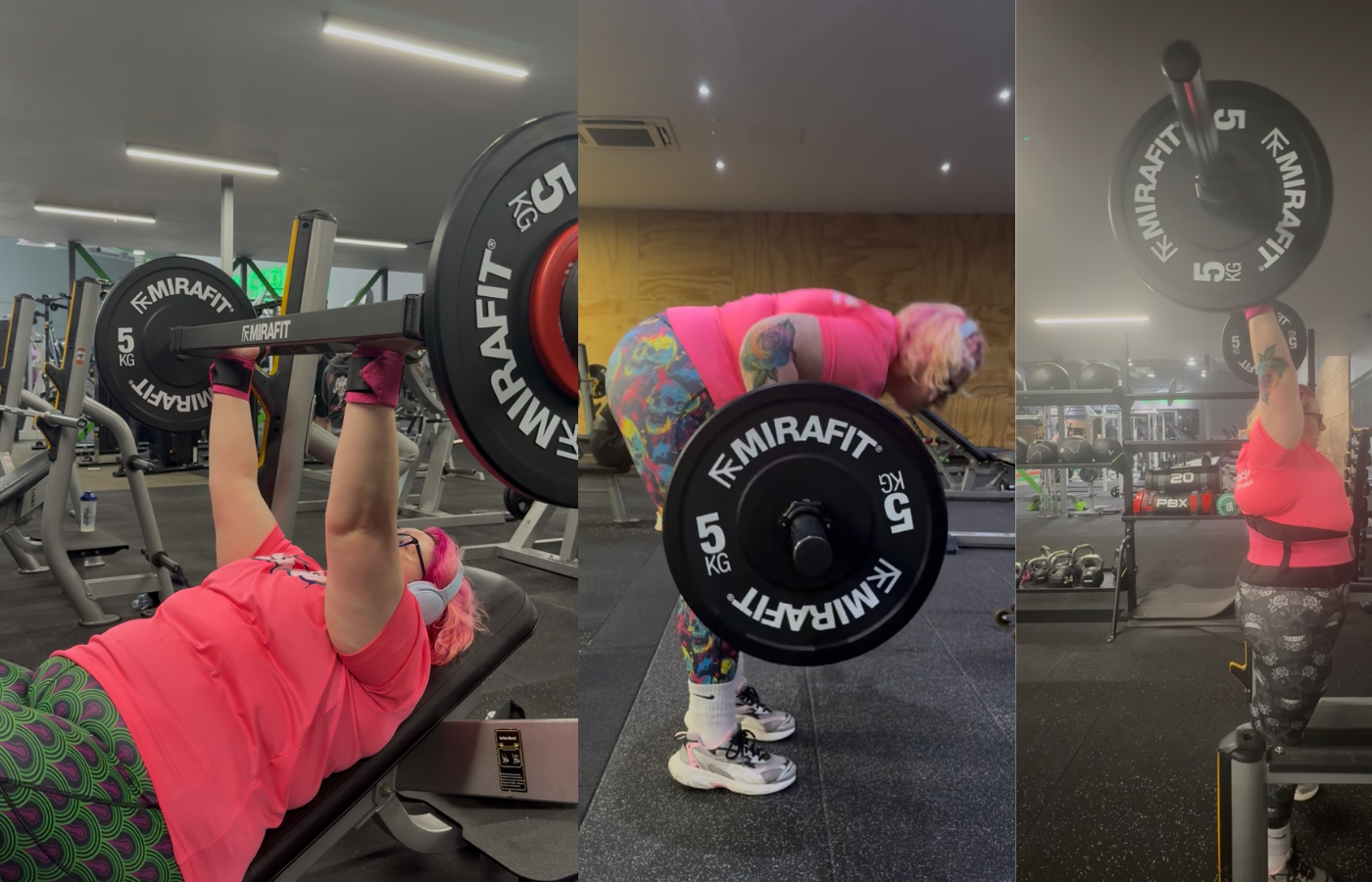 Rhiannon Cooper is using the Mirafit Swiss bar in the gym to complete various strongman movements including an incline bench press, pendlay row and overhead press.