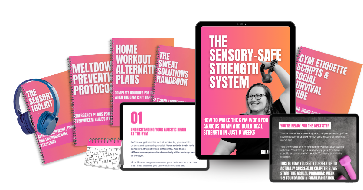 Digital fitness bundle displaying Sensory-Safe Strength System on multiple devices including pink workout guides, home alternatives booklet, sweat solutions handbook, and gym scripts with 5 bonuses badge