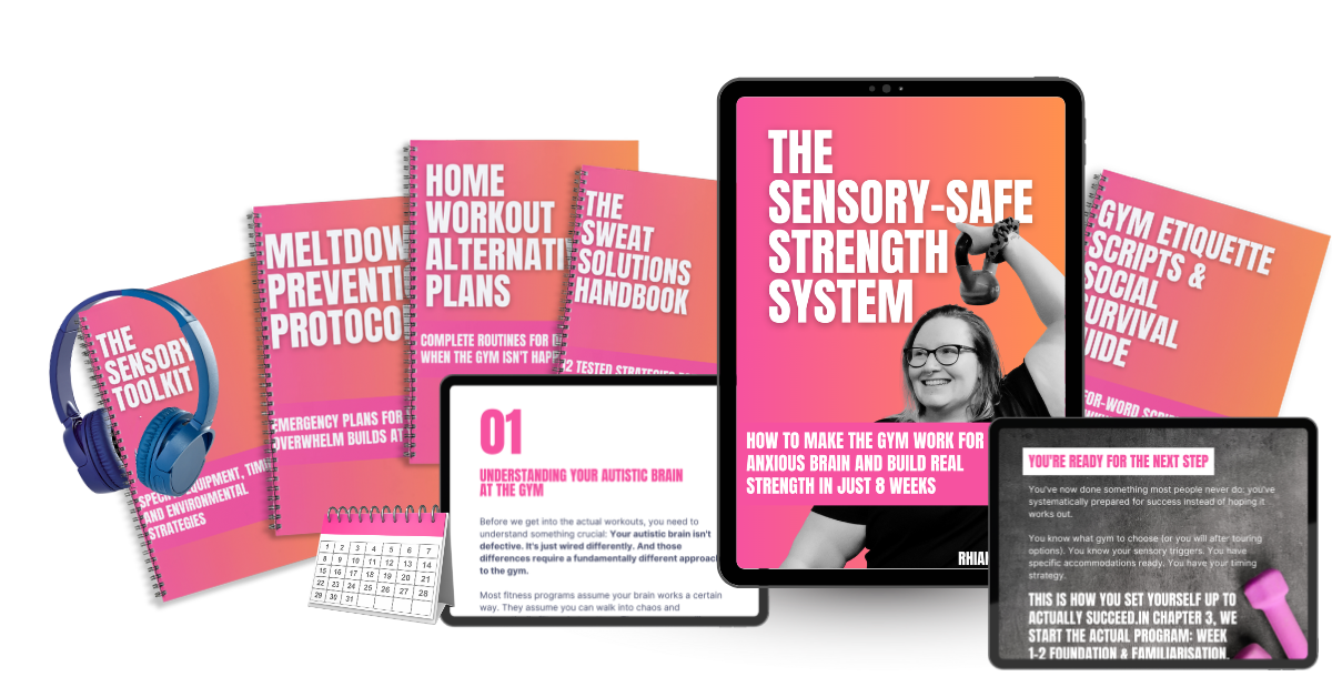 A mock up of the Sensory Safe Strength System and the bonus guides for anxious, nervous and neurodivergent people