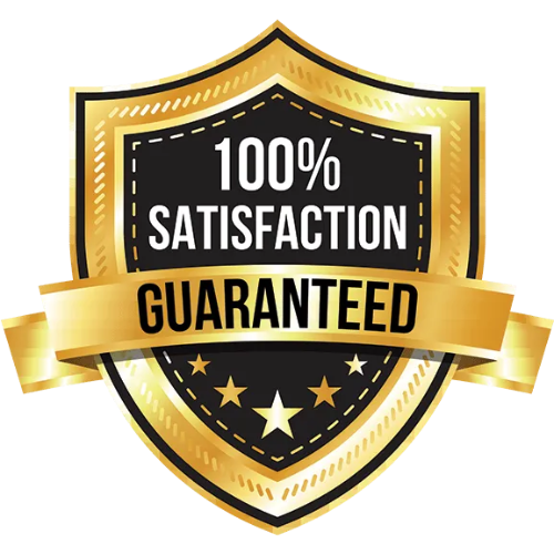 A badge with a black and gold shield shape displaying the text '100% Satisfaction Guaranteed' with stars and a gold ribbon.