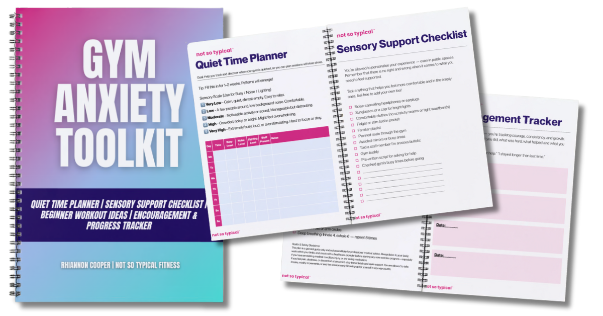 Cover and open pages of a fitness toolkit titled 'Gym Anxiety Toolkit' featuring planner, checklist, and tracker components.
