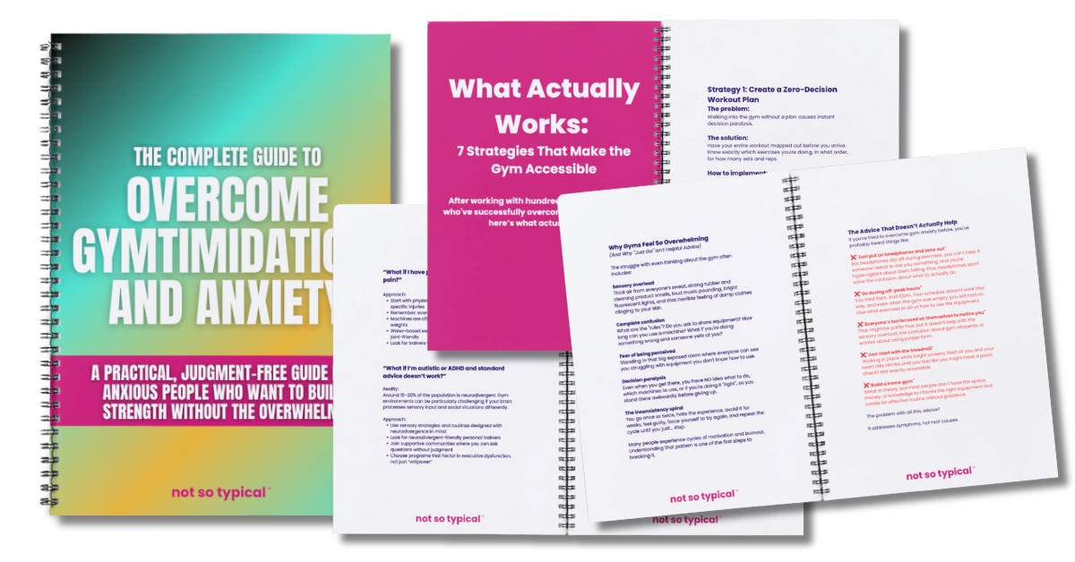 Open spiral-bound book titled 'The Complete Guide to Overcome Gyminimidation and Anxiety' with a subtitle indicating it's a practical, judgment-free guide for anxious people wanting to build strength without being overwhelmed, and another booklet titled 'What Actually Works: 7 Strategies That Make the Gym Accessible' next to it. The books are partially open, revealing pages with text and strategies.