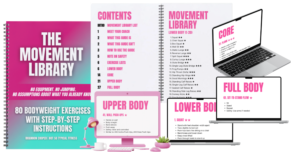 Open book titled "The Movement Library" with contents listing various workout guides, surrounded by laptops displaying workout exercises and instructions for upper body, lower body, core, and full body exercises.
