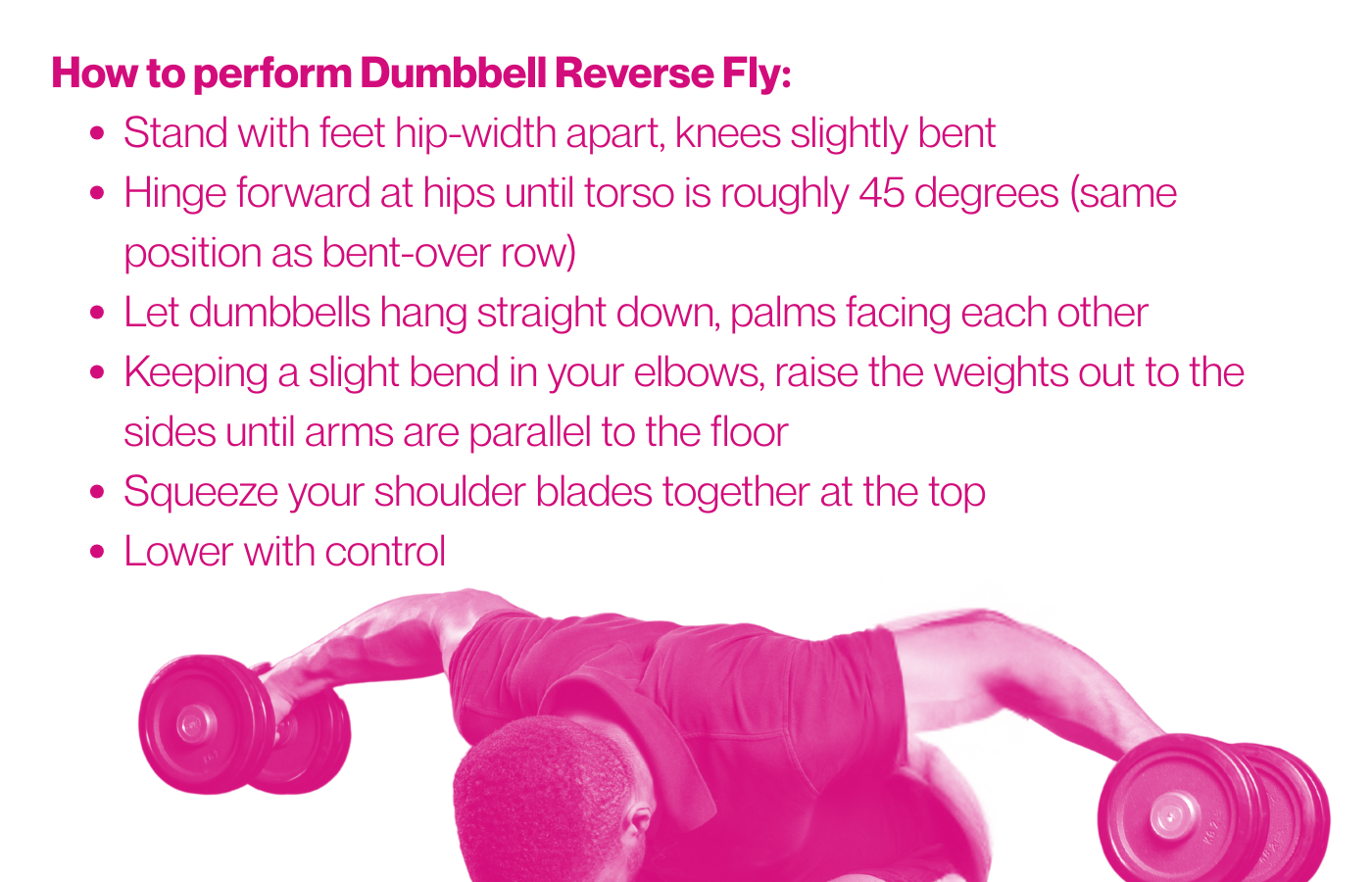 Illustration demonstrating dumbbell reverse fly exercise - person bent forward raising dumbbells to sides for rear shoulder and upper back workout