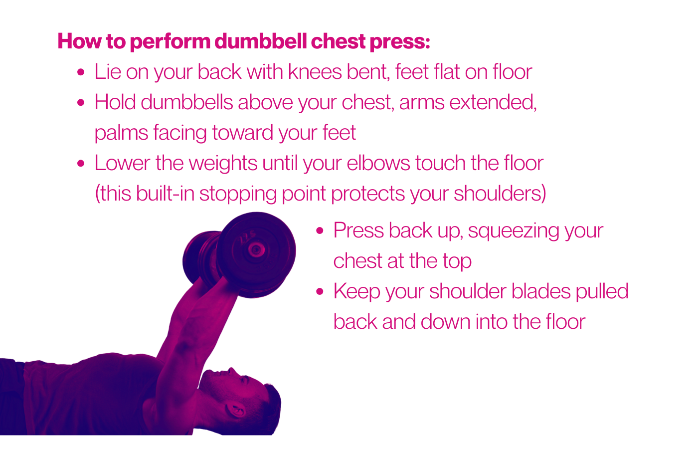 Illustration of dumbbell floor press exercise - person lying on back performing chest press with dumbbells, elbows touching floor for safety