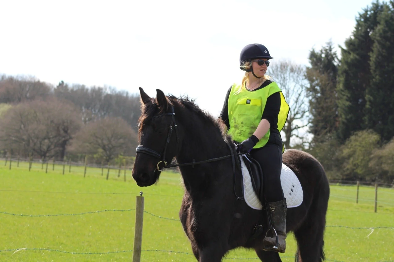 Woman riding a black horse in a green field, wearing a yellow safety vest, black helmet, and sunglasses.