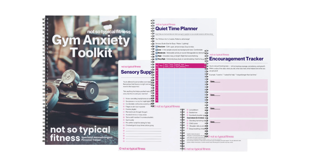 Free Gym Anxiety Toolkit mockup showing resources including busy tracker template, quiet-time planning worksheet, and sensory preparation checklist for anxious gym-goers