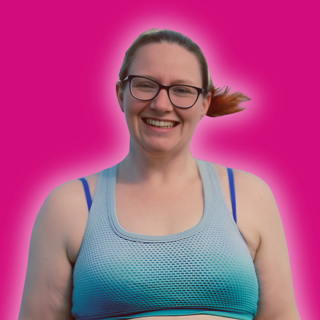 Rhiannon is a smiling woman with glasses, brown hair, and workout top against a pink background.