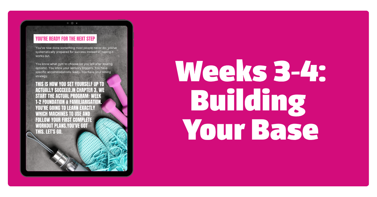 Digital workshop slide with pink background titled "Weeks 3-4: Building Your Base". The slide features an image of a tablet displaying workout gear including a pair of turquoise running shoes, pink dumbbells, and a jump rope.