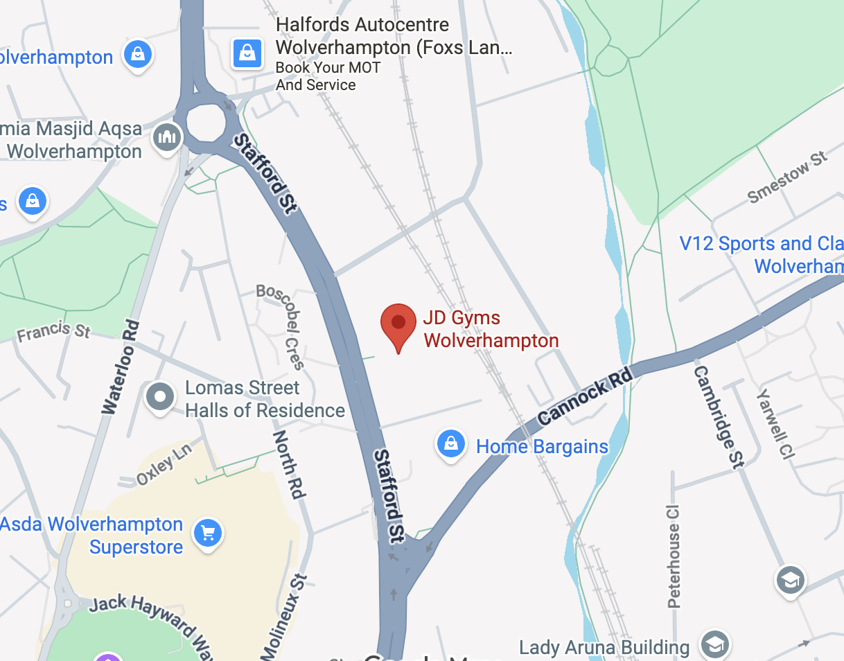A map of where JD Gyms is located in Wolverhampton.