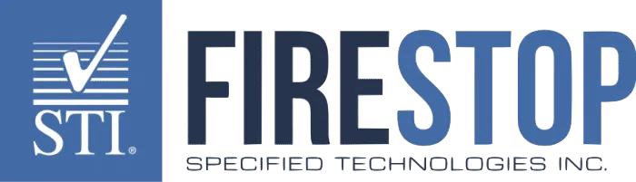 Logo for STI FireStop, featuring the company name with colorful stylized text and a checkmark symbol.