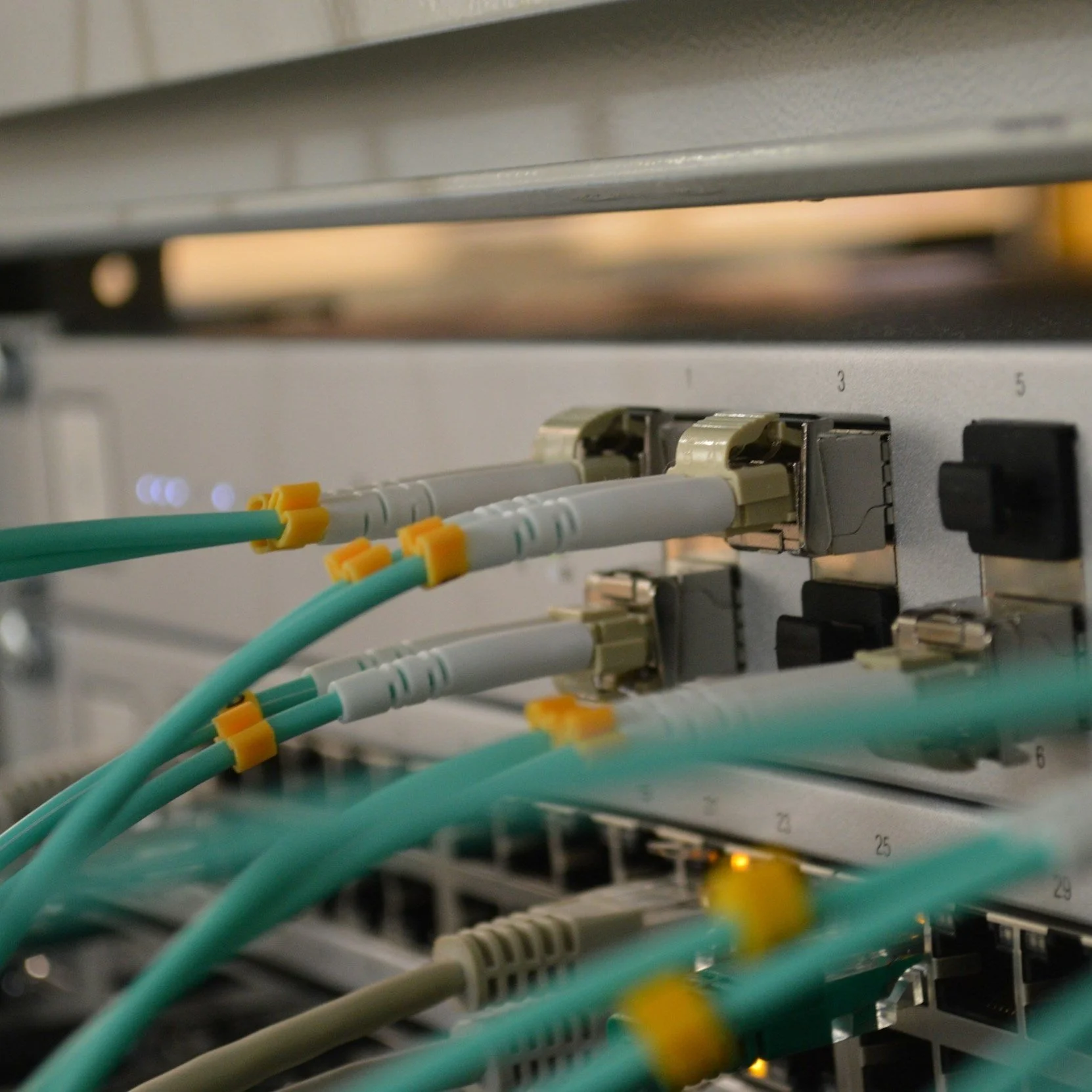 Close-up of Ethernet cables connected to a network switch with indicator lights.