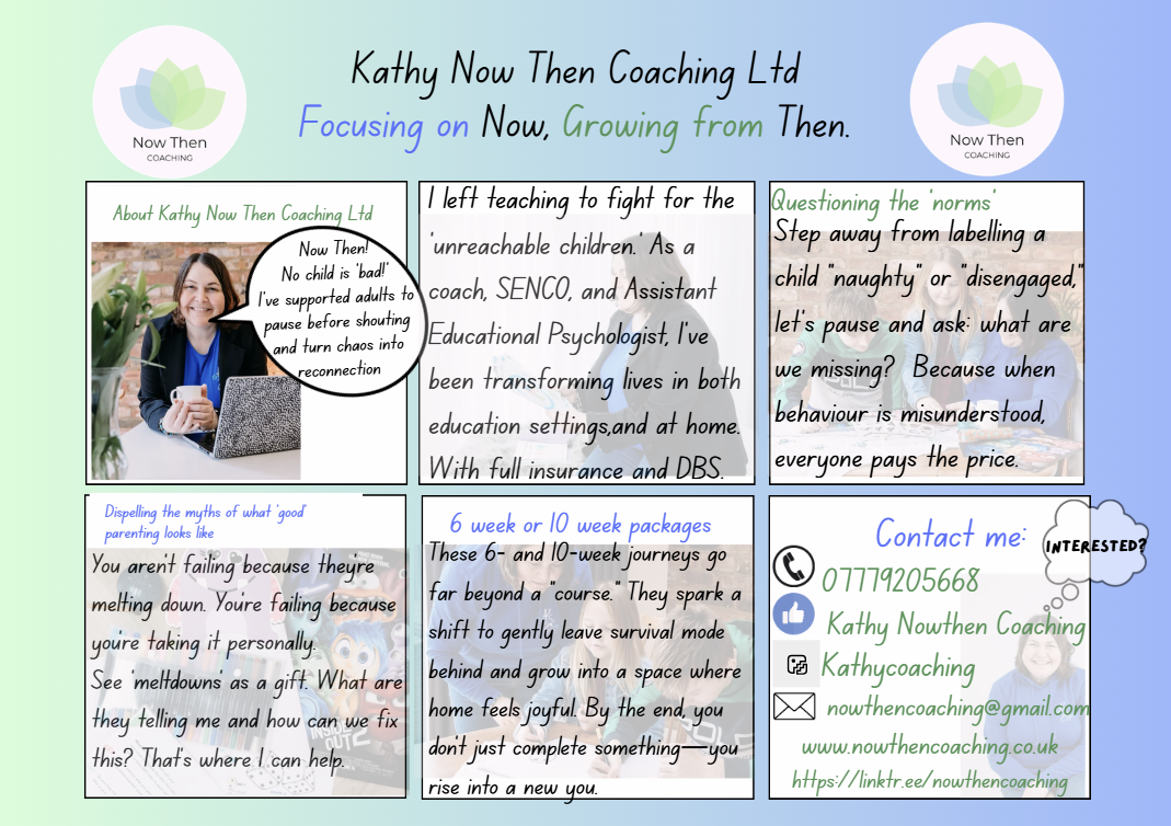 A promotional graphic for Kathy Now Then Coaching Ltd with a light blue background. It features logos of a blooming lotus flower on the top left and right corners. The text includes a slogan: 'Focusing on Now, Growing from Then' in black, blue, and green fonts. There is a photo of a smiling woman in a dark blazer and blue shirt, sitting at a table with a laptop and mobile phone, on the left side. The text boxes provide information about Kathy Now Then Coaching Ltd, her background, and services, including child behavior support, education packages, and contact details with icons for phone, Facebook, Instagram, email, website, and a link. The overall design is professional and approachable, aimed at promoting coaching services.
