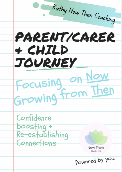 Book cover titled "Parent/Caregiver + Child Journey" by Kathy Now Then Coaching. The subtitle reads "Focusing on Now Growing from Then." The cover includes a logo with a lotus flower and the text "Now Then Coaching." Background resembles lined notebook paper with handwritten-style text in black, blue, and green.