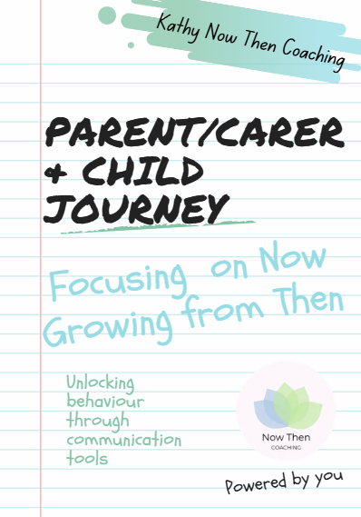 Cover page for a guide titled 'Parent/Carer + Child Journey' by Kathy Now Then Coaching, focusing on unlocking behavior through communication tools, with a subtitle 'Focusing on Now Growing from Then' and a logo for Now Then Coaching.