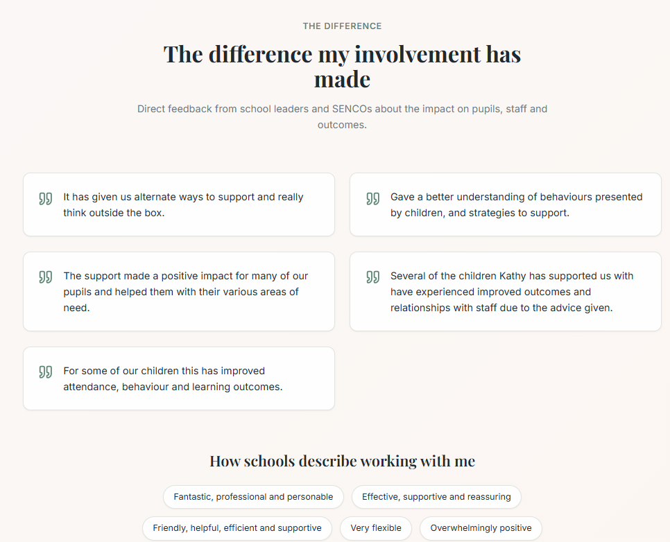 A webpage titled "The difference my involvement has made" features feedback quotes about the impact of support from school staff, mentioning improved pupil outcomes and relationships.