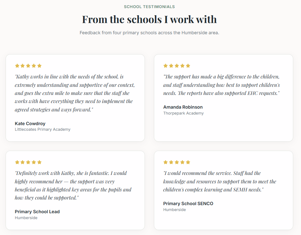 School testimonials webpage with four primary school feedback quotes from teachers and staff across Humberside area.