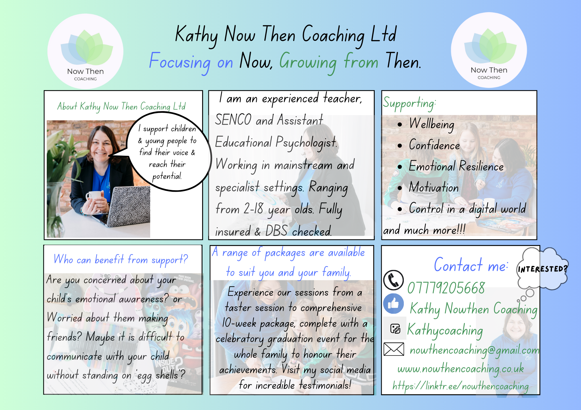 Flyer for Kathy Now Then Coaching Ltd with sections about services, support, and contact info, featuring images of a woman and two children.