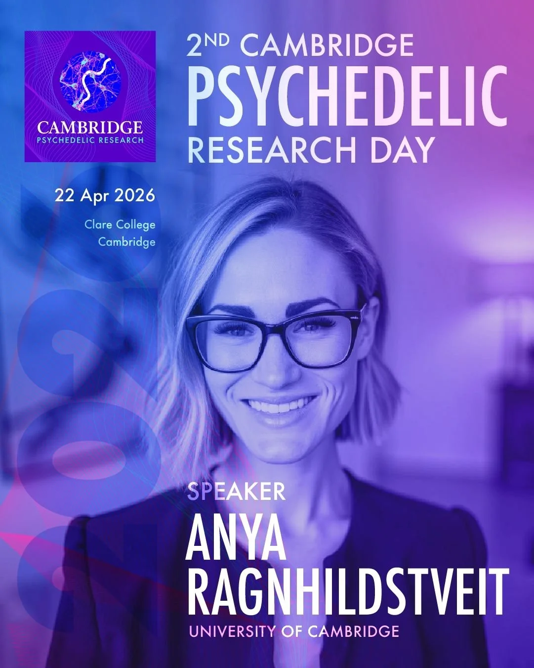 Promotional poster for the 2nd Cambridge Psychedelic Research Day on April 22, 2026, featuring a woman with glasses, smiling, with event details and a university logo.