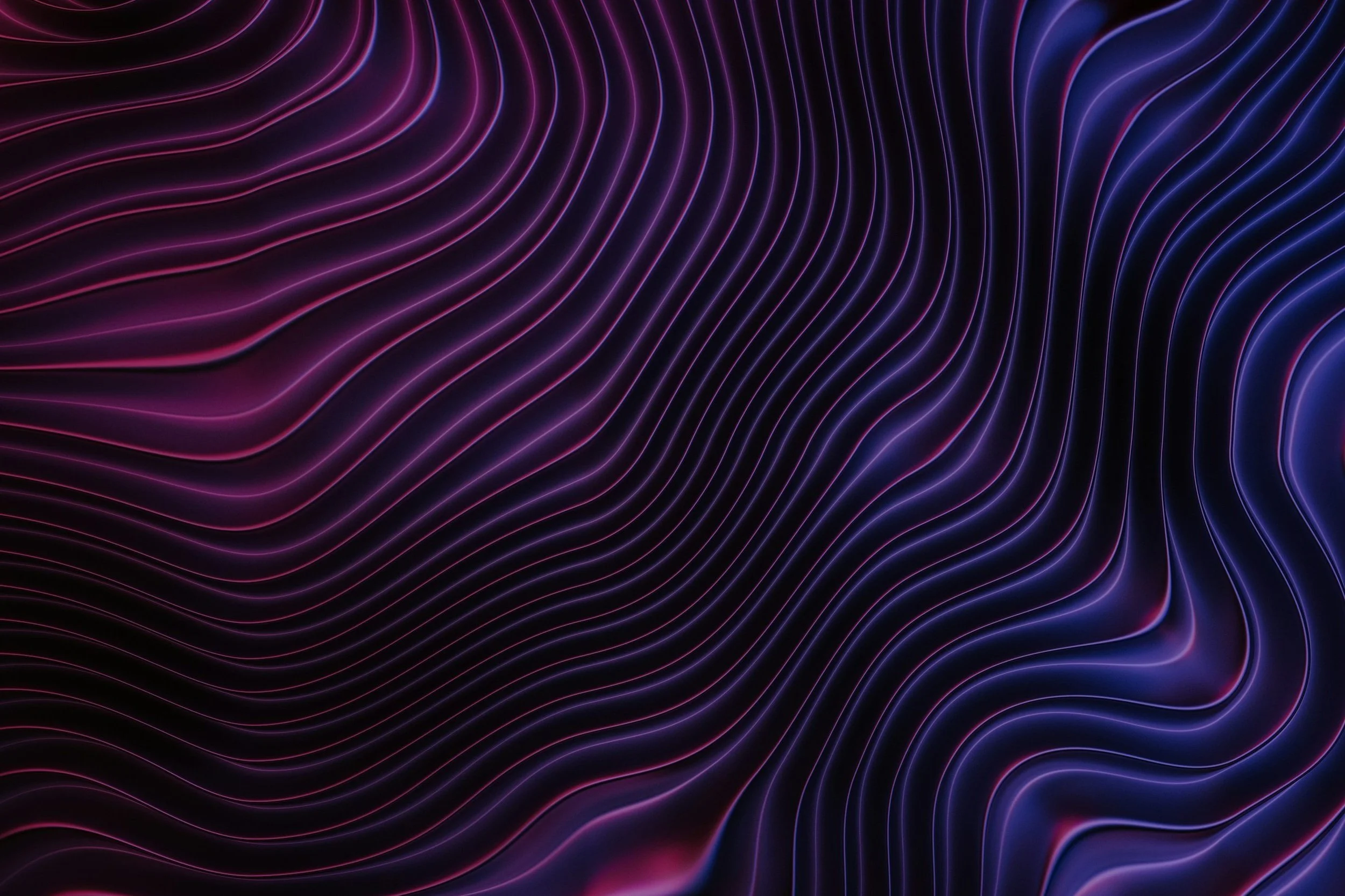 Abstract digital artwork featuring vibrant pink and purple neon wavy lines on a dark background.