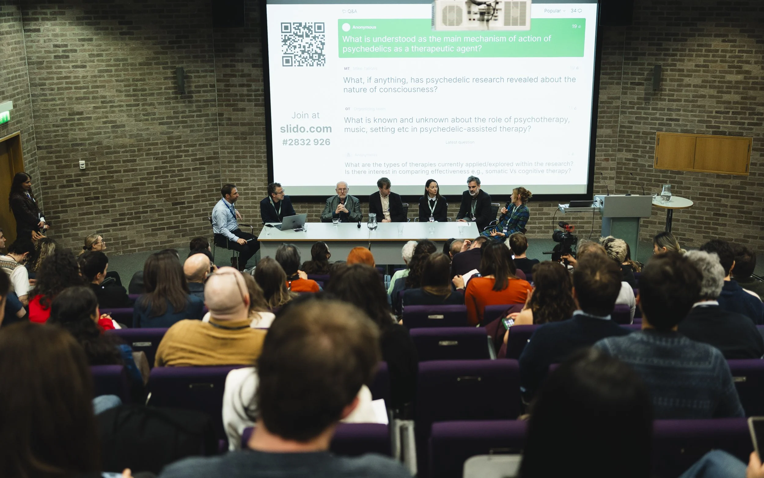 Audience attending a conference or panel discussion in a room with a brick wall, with a large presentation screen behind the panelists displaying a slide with questions on psychedelic research.