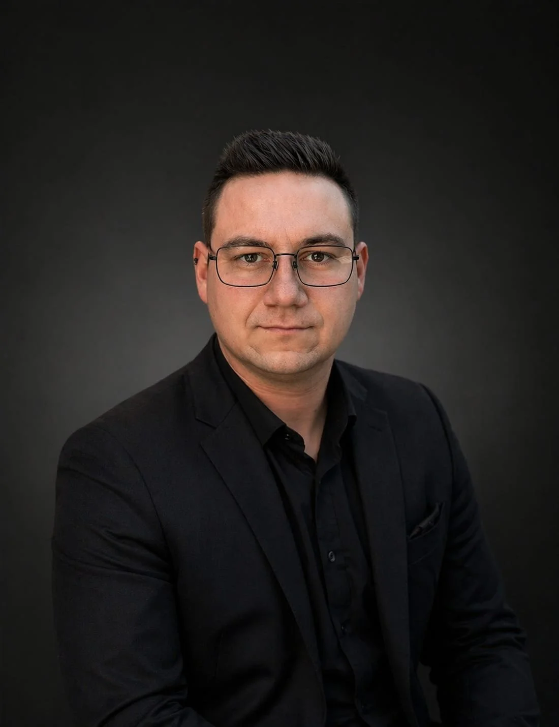 Portret van William Van Nespen een man met bruin haar en brillen, gekleed in een zwart pak tegen een donkere achtergrond.