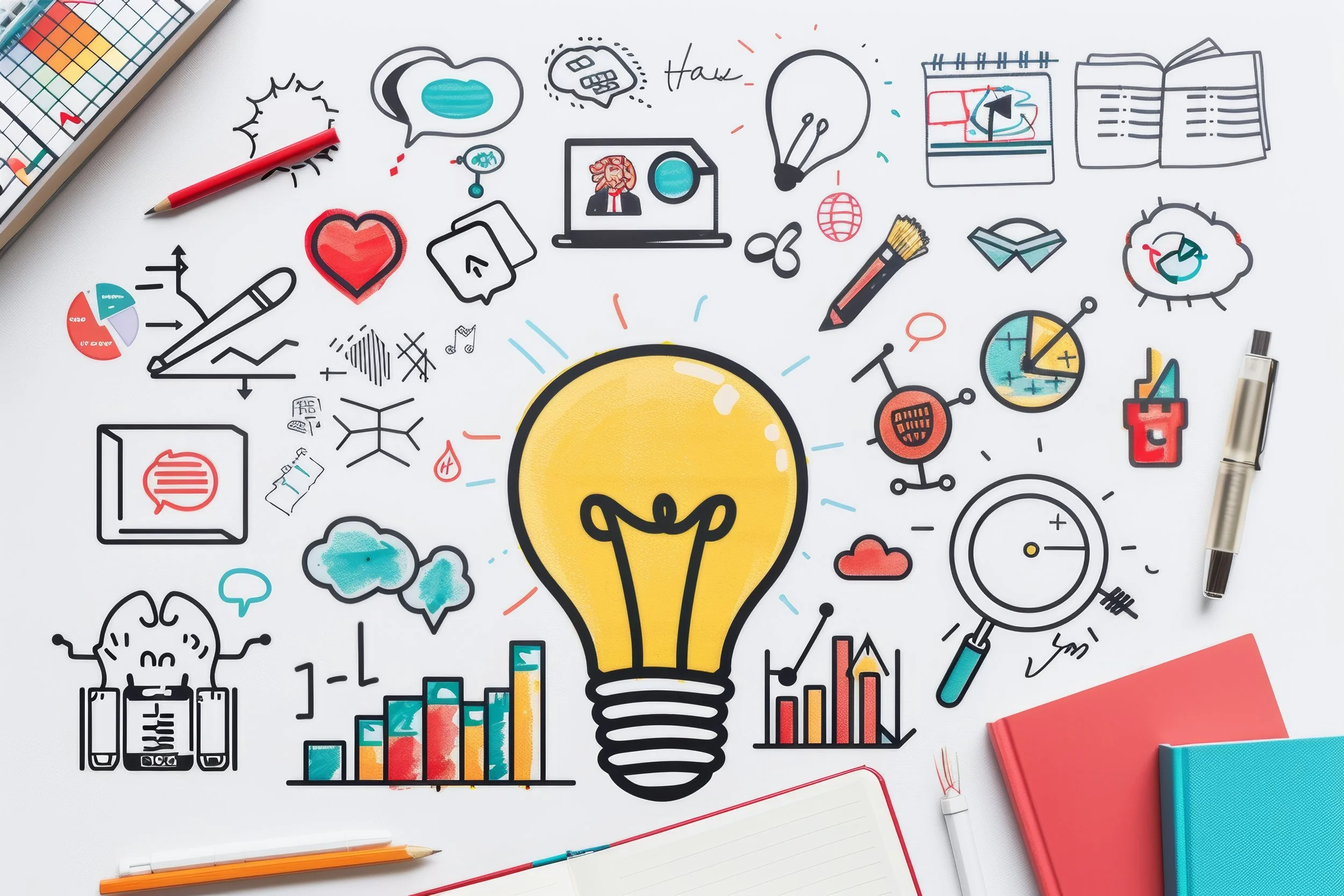 Creative brainstorming illustration with a large lightbulb surrounded by doodles of business icons, charts, graphs, speech bubbles, and digital tools on a white background. Red and blue notebooks and pens are also present.