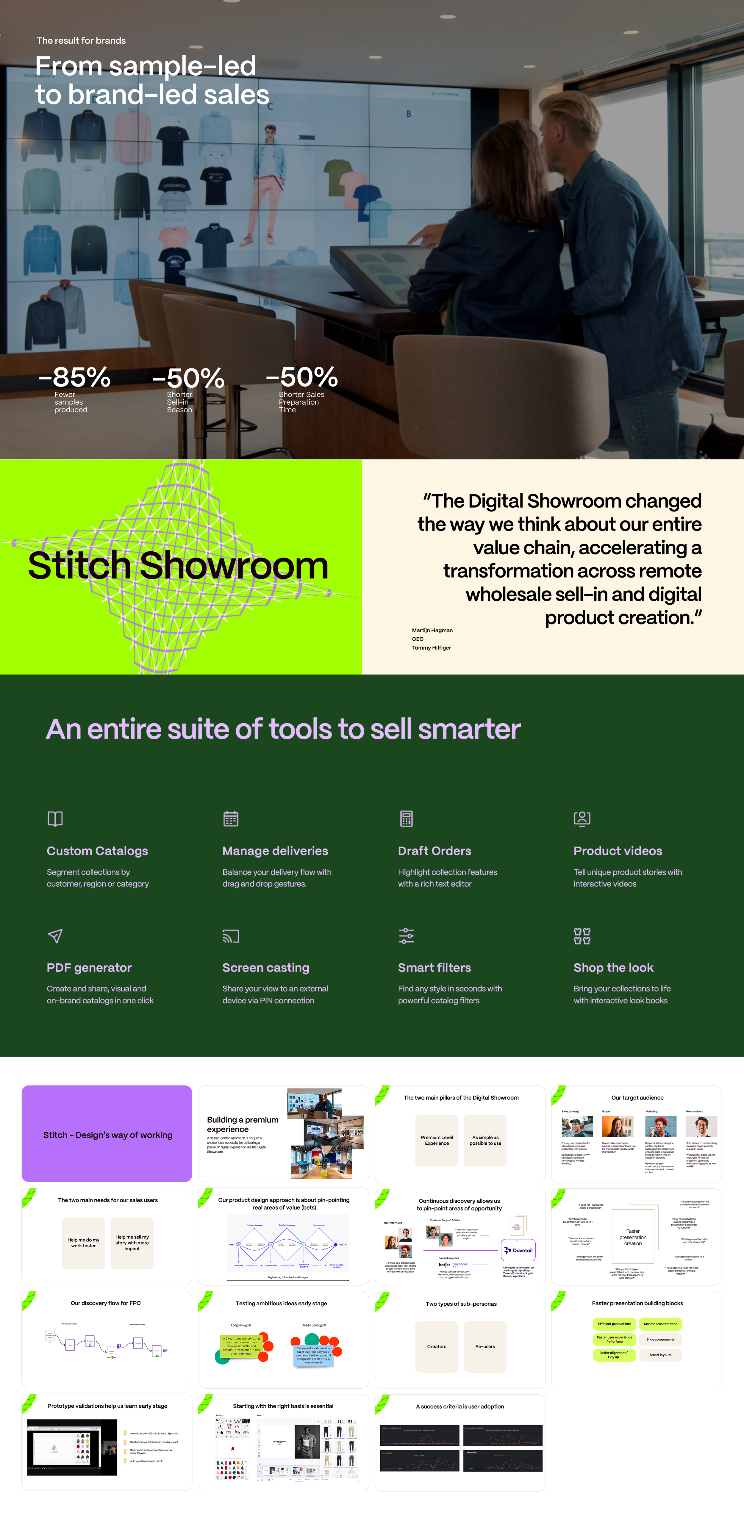 Presentation slide with images of clothing on display, two people working on a digital touchscreen, and various information sections about digital showrooms and tools for clothing sales.