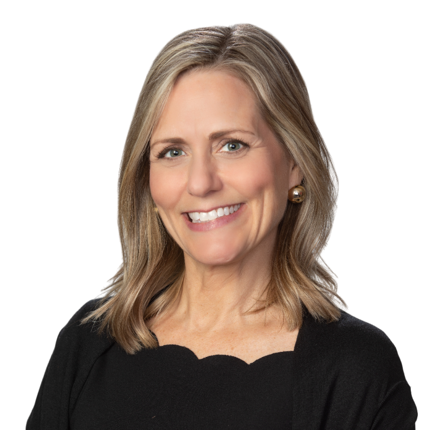 A professional headshot of a woman with shoulder-length blonde hair, smiling, wearing a black top and gold earrings, against a white background.