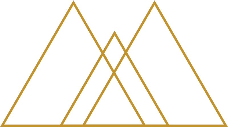 A geometric design with overlapping gold-outline triangles on a black background.