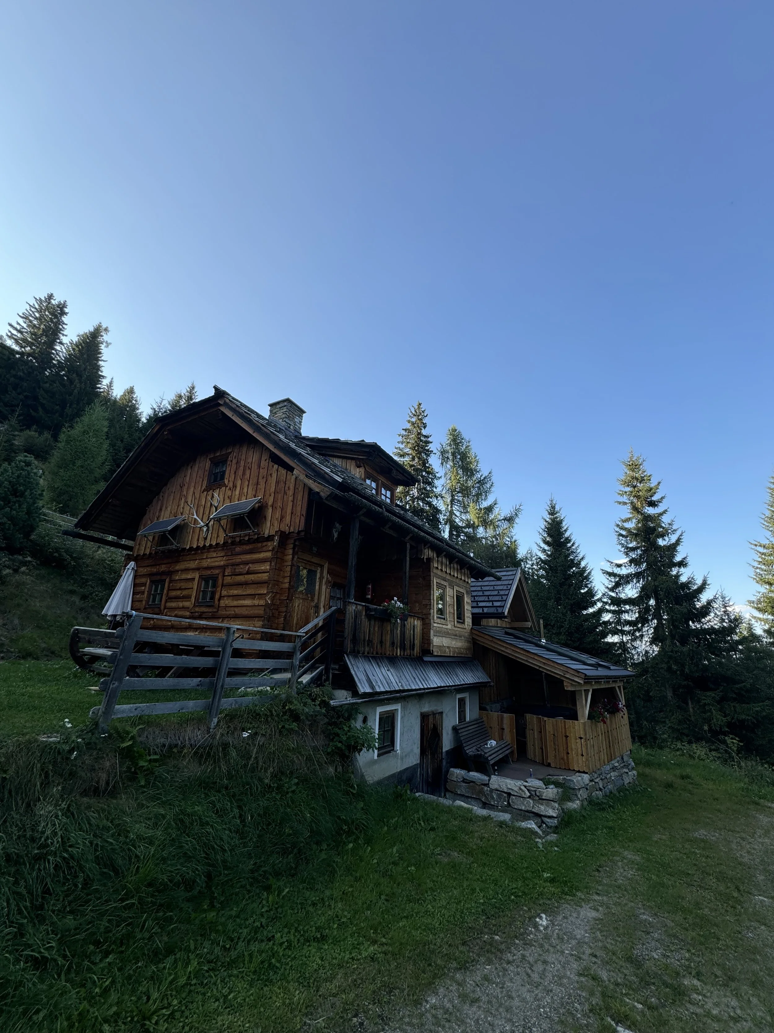 Almhütte in alpiner Landschaft mit Tannenbäumen, blauem Himmel, von grüner Wiese umgeben.