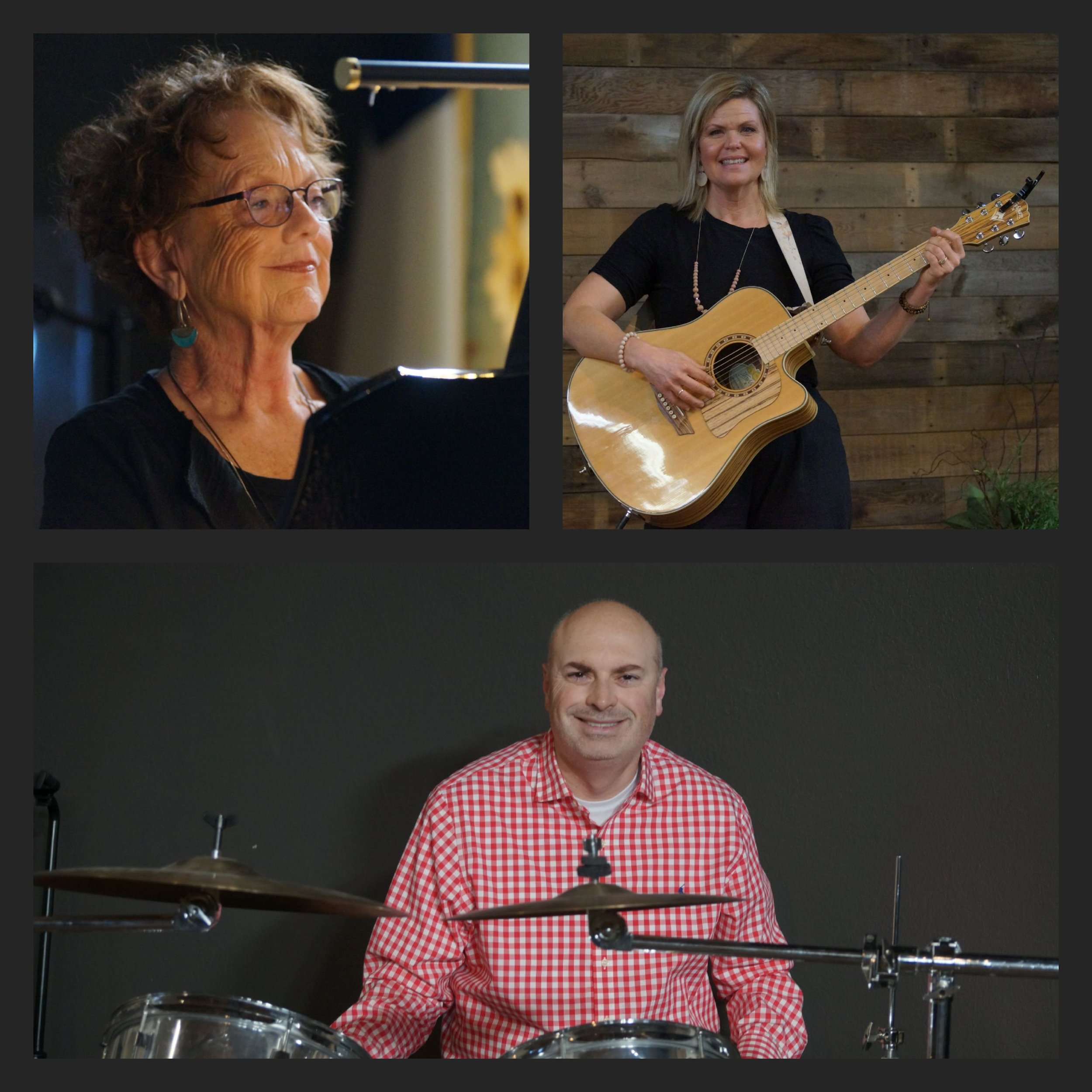Collage of three musicians: top left image of a woman playing the piano, top right image of a woman holding an acoustic guitar, bottom image of a man playing drums.