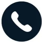 Icon of a white phone handset on a dark circular background.