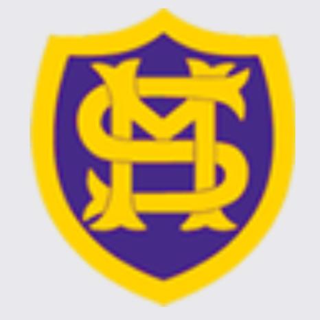 A sports team logo featuring a purple shield with a gold border and gold intertwined letters . 14 Sports Coaching partner