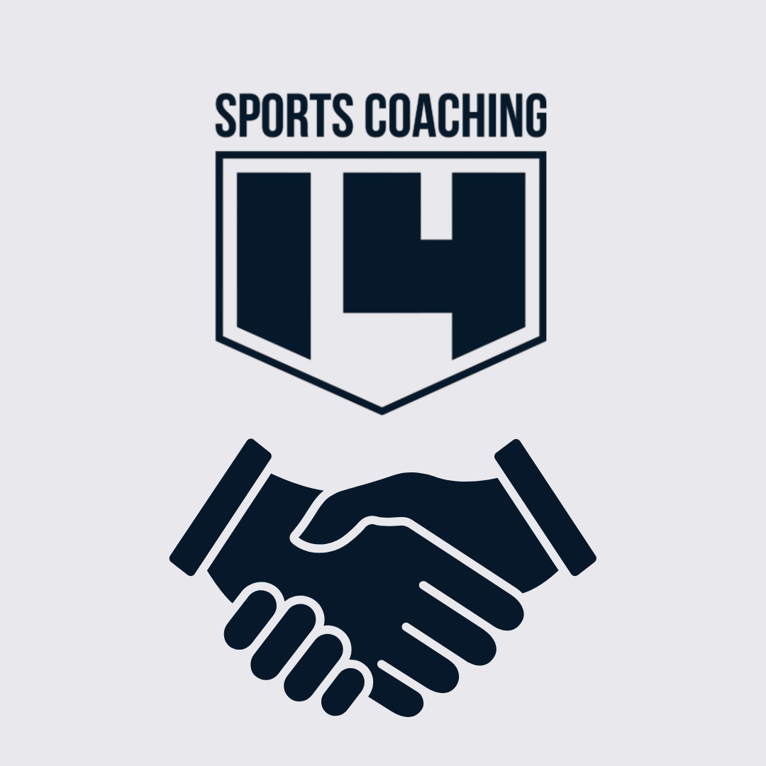 14 Sports Coaching logo with a shield and a handshake icon underneath.
