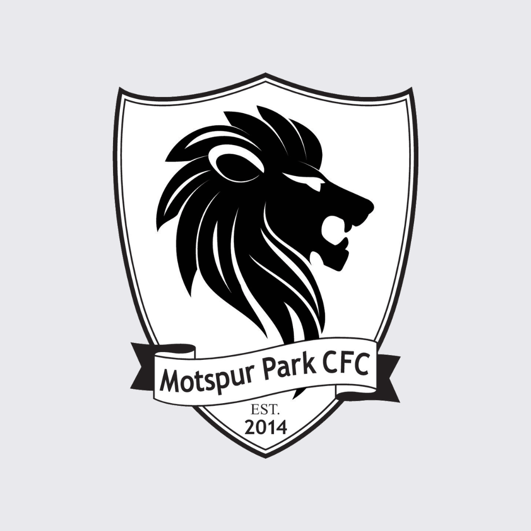 Black and white crest with a lion's head in profile, the text "Motspur Park CFC" on a banner, and "EST. 2014" at the bottom. 14 Sports Coaching partner