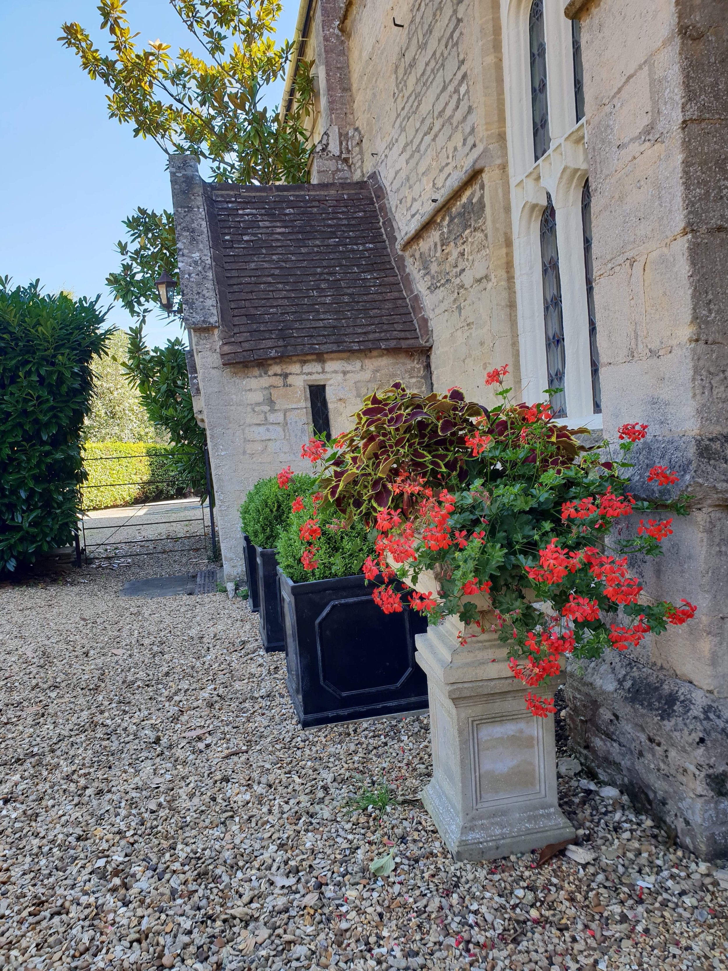 A beautifully designed garden with lush greenery, vibrant flowers, and a serene seating area. Thoughtfully landscaped with a mix of seasonal plants, textured foliage, and natural stone pathways, creating a tranquil outdoor retreat.