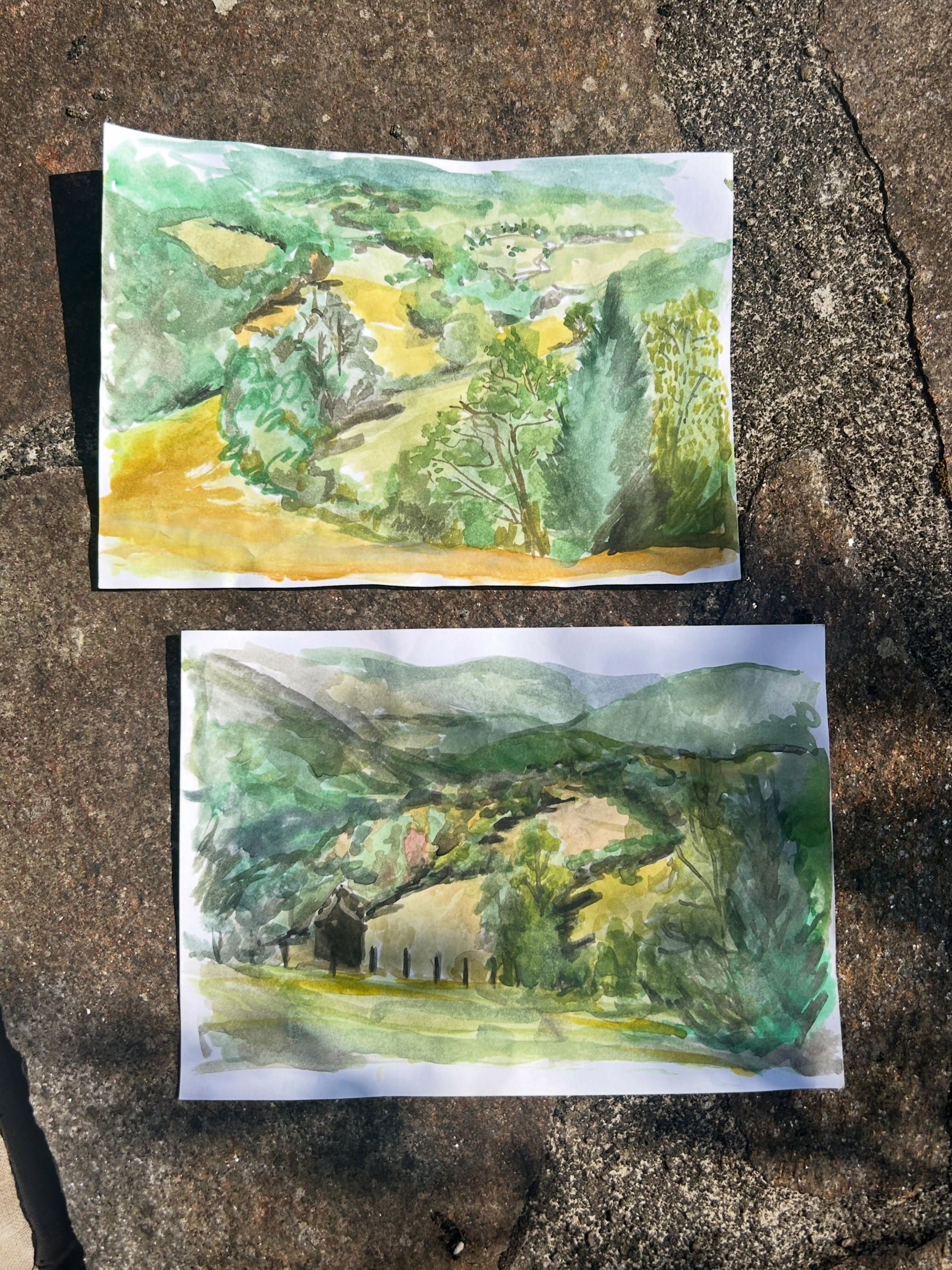 Paintings 22 and 23&hellip; I&rsquo;m definitely getting used to watercolours, but these hills feel within my lil comfort zone. Painted Soph today as well&hellip;didn&rsquo;t post because she looked like a (pretty) slug 🐌