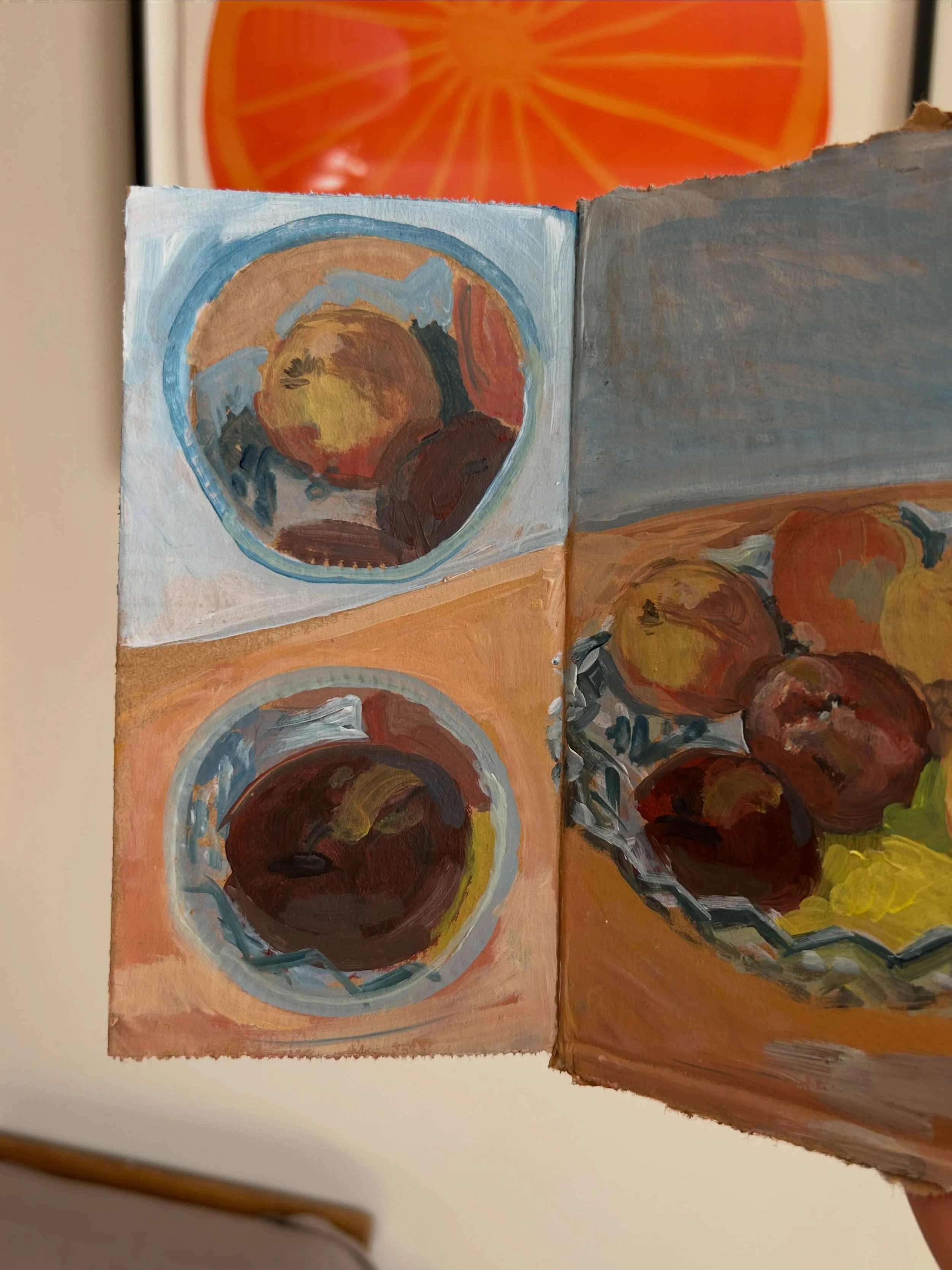 Painting 20 ✨ - The round markings on this piece of card made me think of Vanessa Bell&rsquo;s fireplace ⏺️⏺️⏺️⏺️ - when I&rsquo;m not sure what to paint apples or flowers are my go to 🌷 🍎