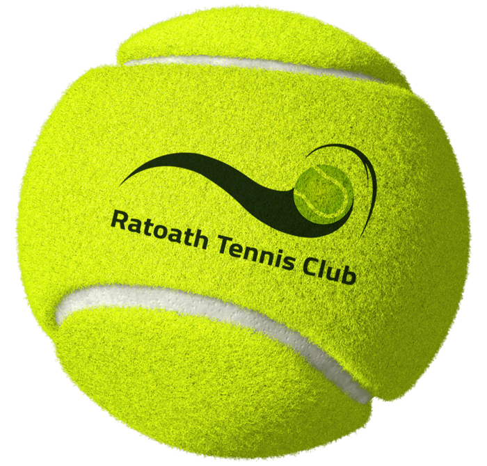 A yellow tennis ball with the Ratoath Tennis Club logo printed on it, featuring a stylized tennis ball and a curved line.