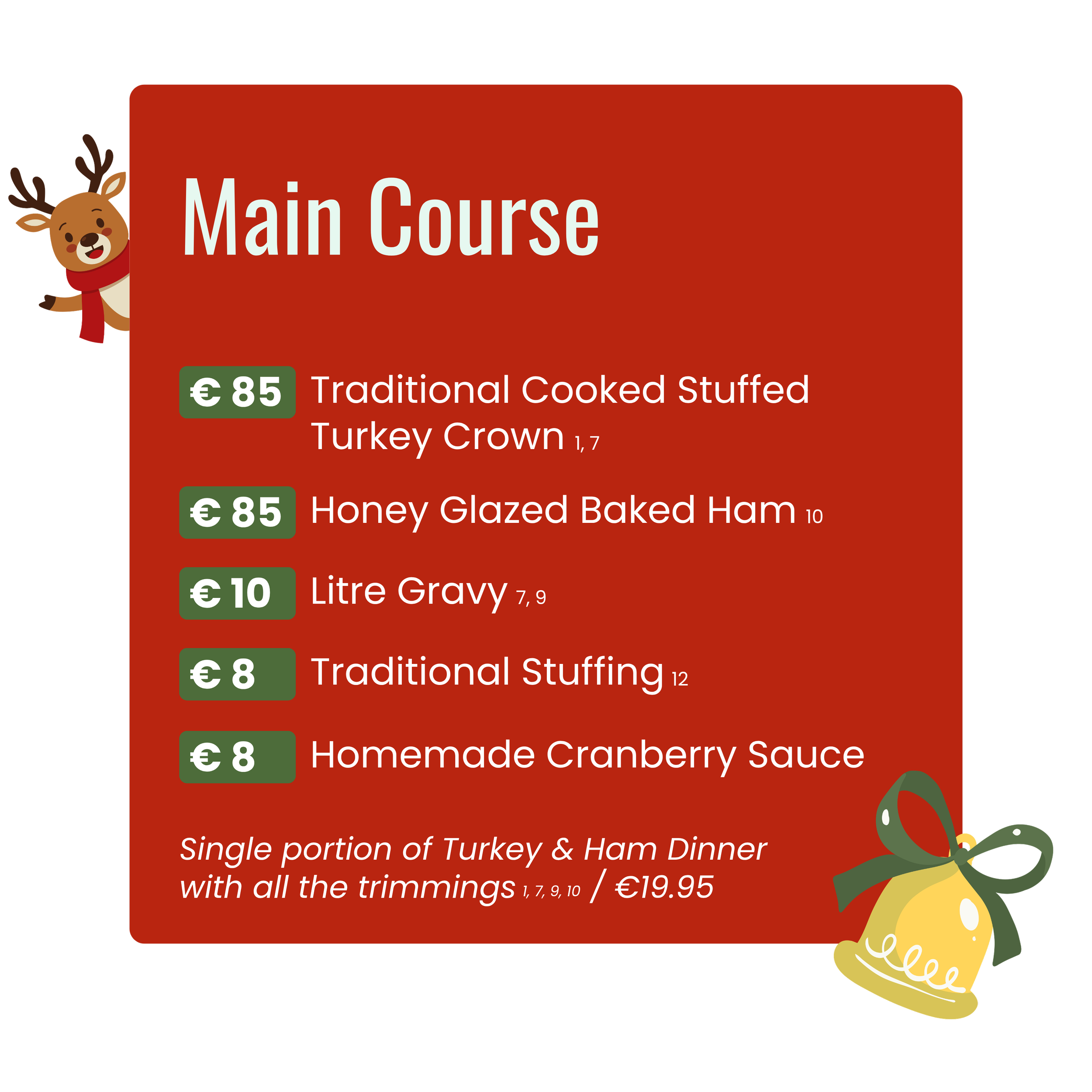 Sweeney's Christmas menu featuring main course, ham, and turkey options with prices in euros, decorated with a reindeer and bell illustration.