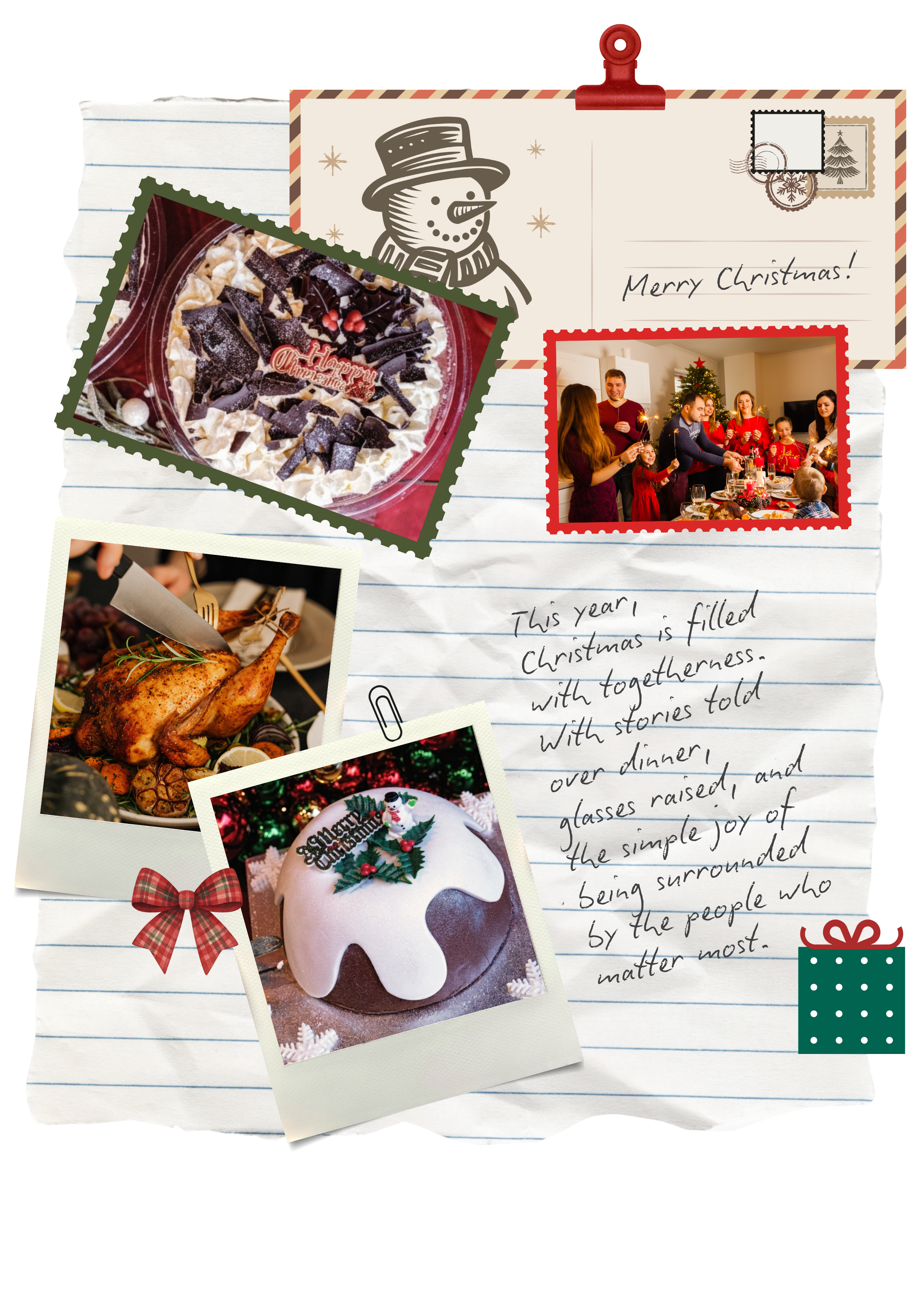 A collection of Christmas-themed photos and handwritten note on lined paper, including decorated cakes, people celebrating around a Christmas tree, and a snowman illustration.
