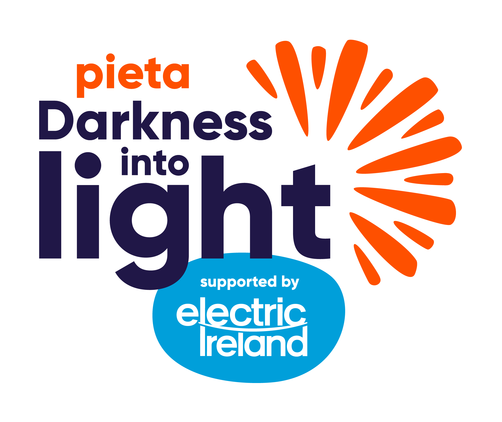 Colorful word cloud with the words 'pieta', 'darkness into light', supported by Electric Ireland, with orange, purple, and blue design elements.