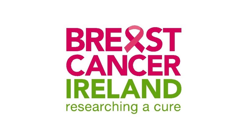 Logo for Breast Cancer Ireland with pink and green text and a pink ribbon, promoting research for a cure.