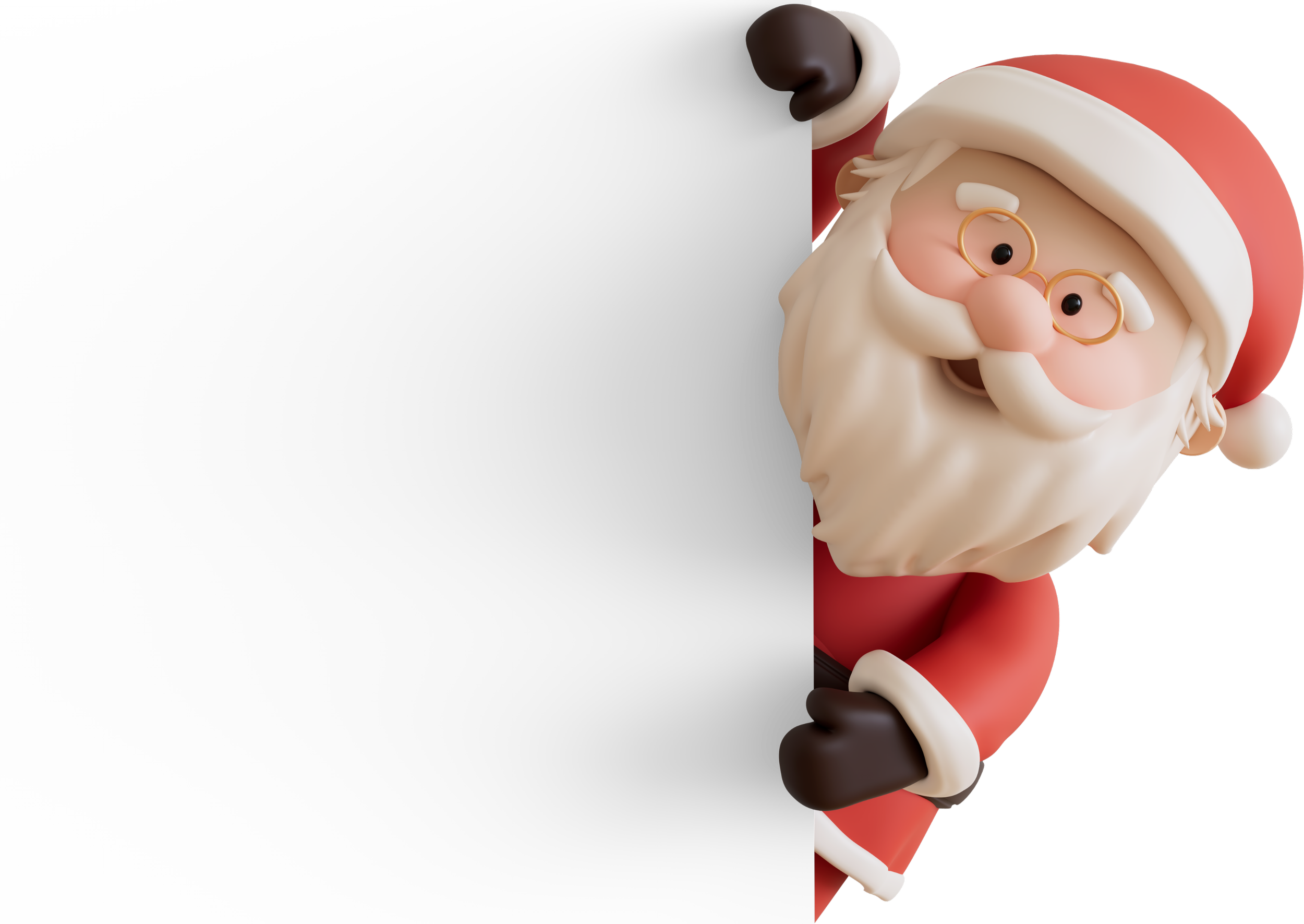 Cartoon Santa Claus with glasses, wearing a red hat and suit, peeking from the right side of the image.