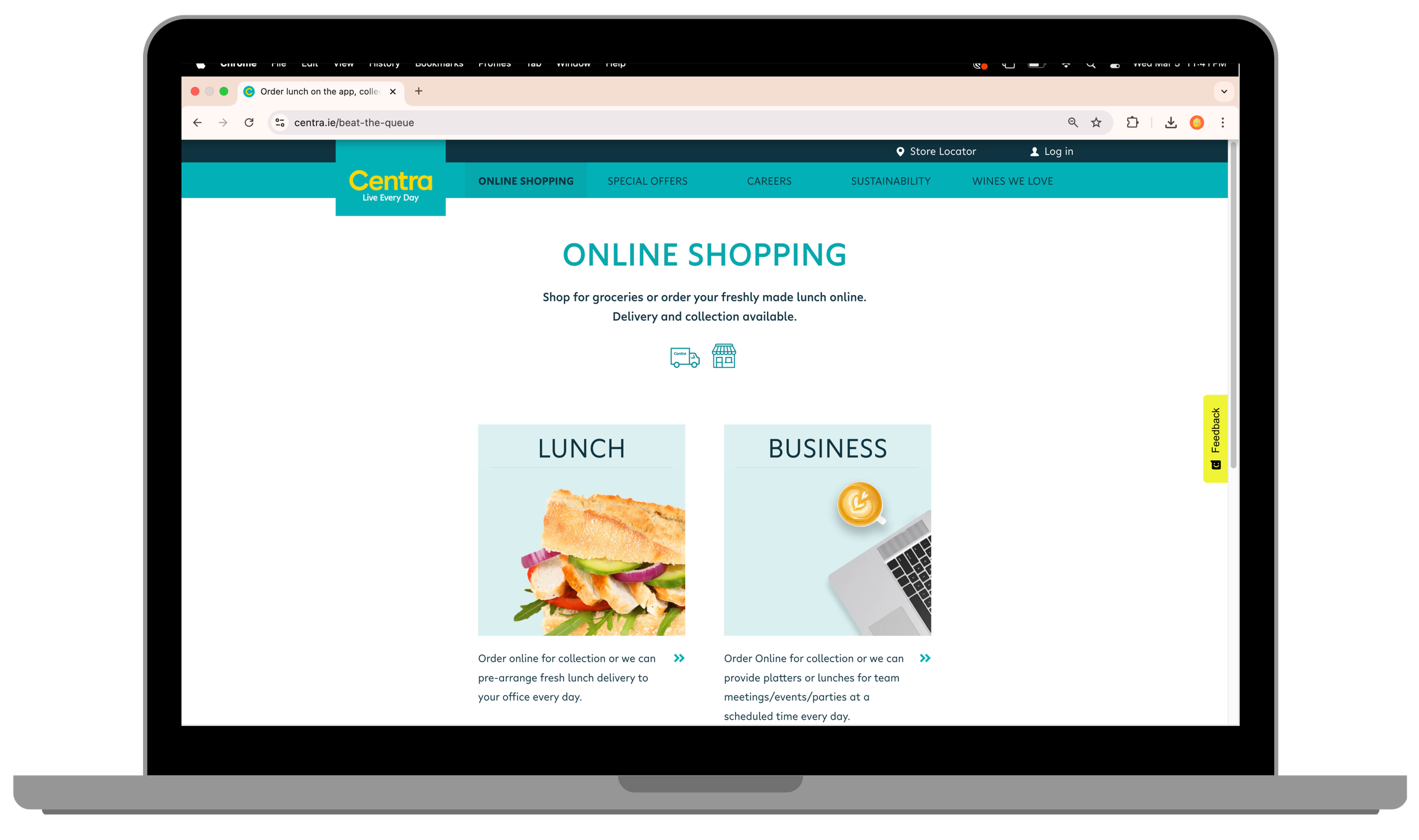 Laptop screen displaying Centra's online shopping webpage with options for lunch and business orders. The page features a sandwich image for lunch and a laptop with a coffee cup for business.