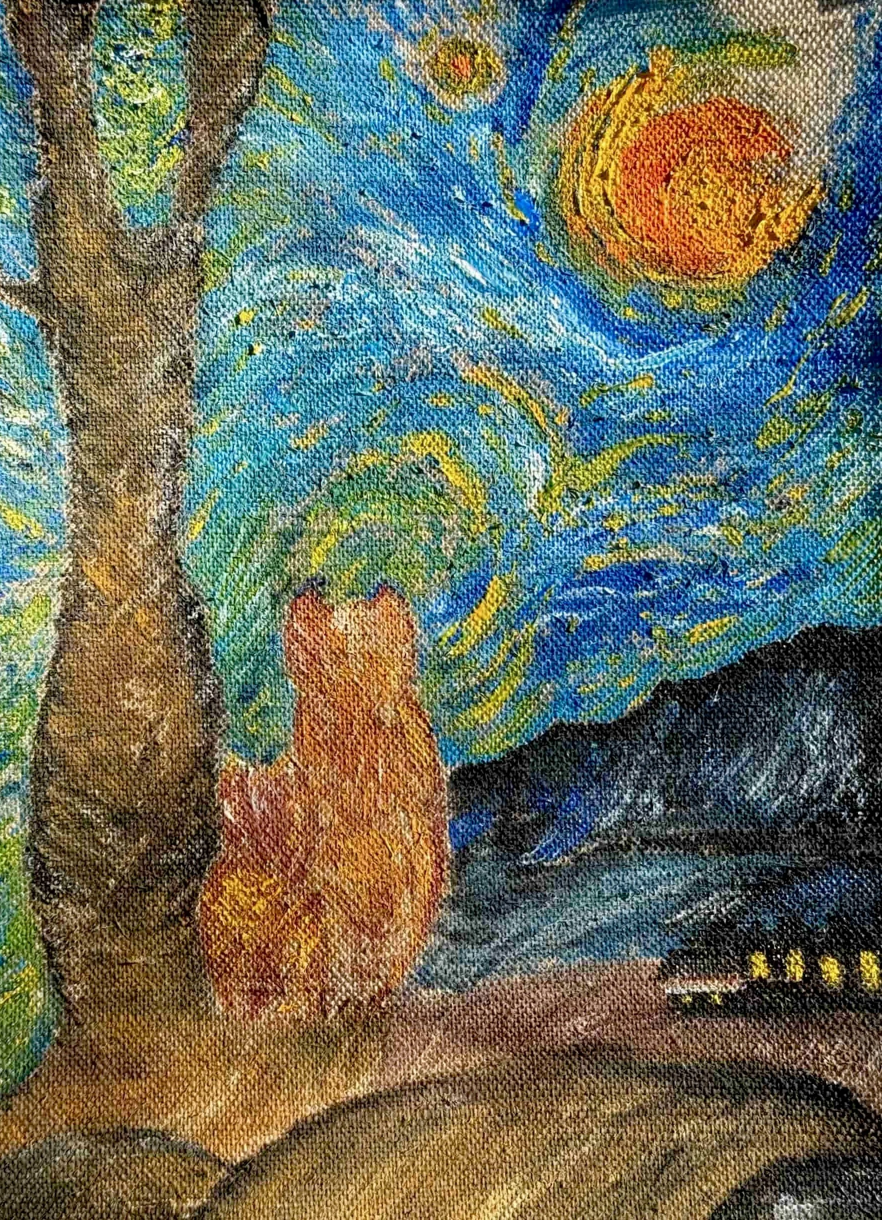 Starry, Starry, Cats - 2024 Acrylic on Burlap - 8 x 10 - $250.00