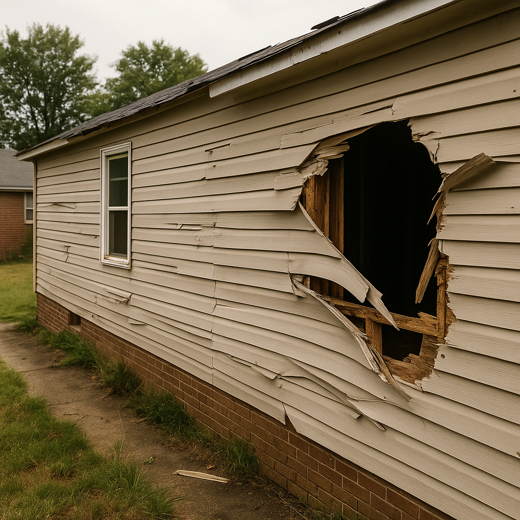 A house with damaged beige vinyl siding and a large hole exposing the wooden frame inside.